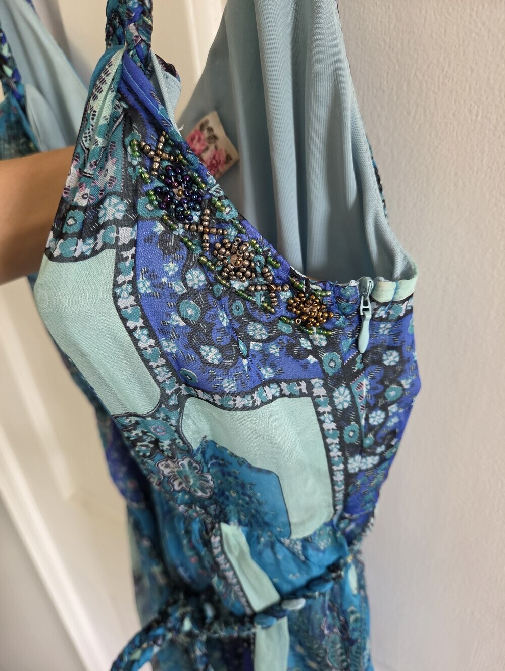 Blue Silk beaded maxi dress gown with waist tie patchwork boho stretch waist 4 - Picture 7 of 16